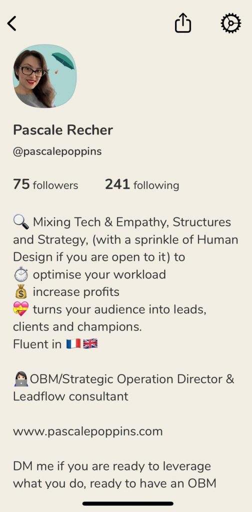 Pascale Poppins profile on Clubhouse (as of April 2021)